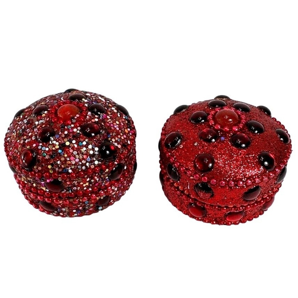 Two Sparkling Red Glitter‎ Jewel Trinket Box Round Keepsake Jewelry Holder Small